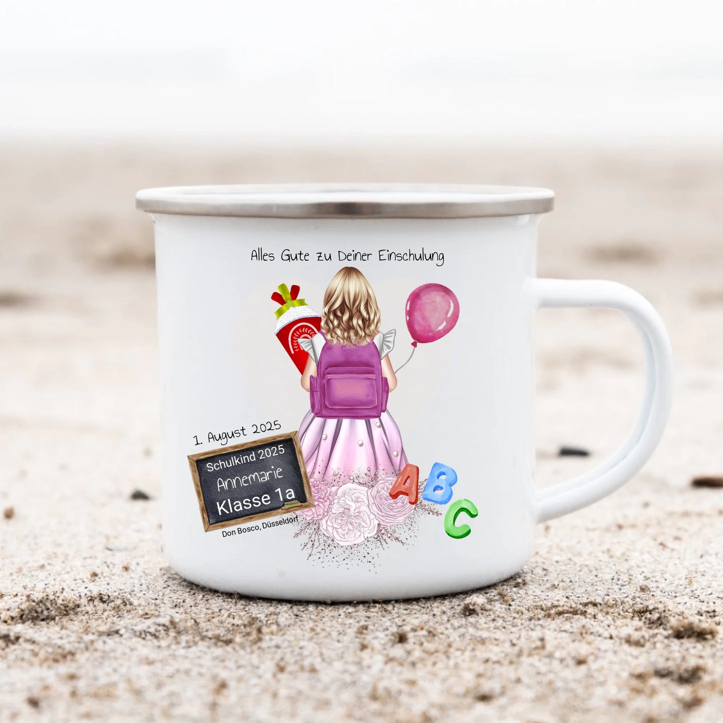 Schulanfang Kindertasse Schulkind 2025 - Emaille Kinderbecher Mädchen Einschulung mit Namen personalisiert - Geburtstagsgeschenke