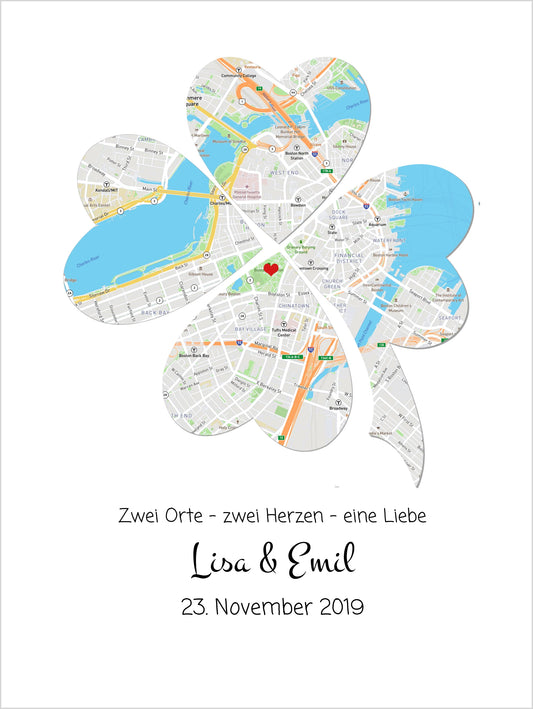 Wo alles begann Poster | Personalisierte Stadtkarte | 2 Orte, Kleeblatt | Hochzeitstaggeschenk - Valentinstaggeschenk - Glückwünsche-Hochzeitswünsche