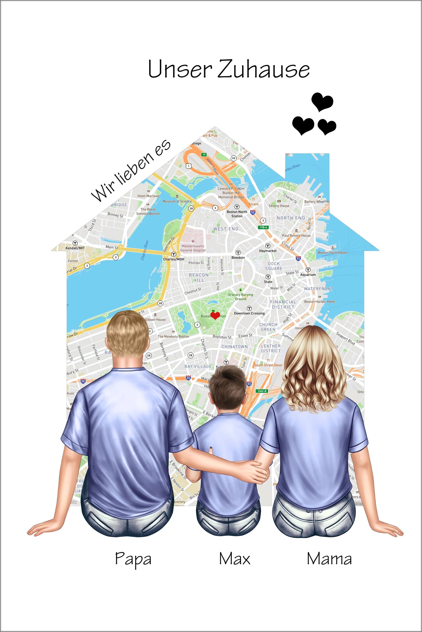 Unser Zuhause Familienbild Eltern mit 1 Kind Poster als Einzugsgeschenk in Wohnung, Haus