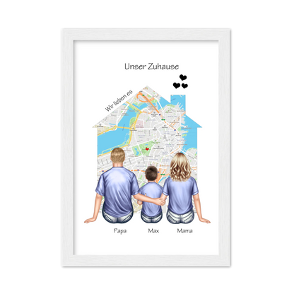 Unser Zuhause Familienbild Eltern mit 1 Kind Poster als Einzugsgeschenk in Wohnung, Haus