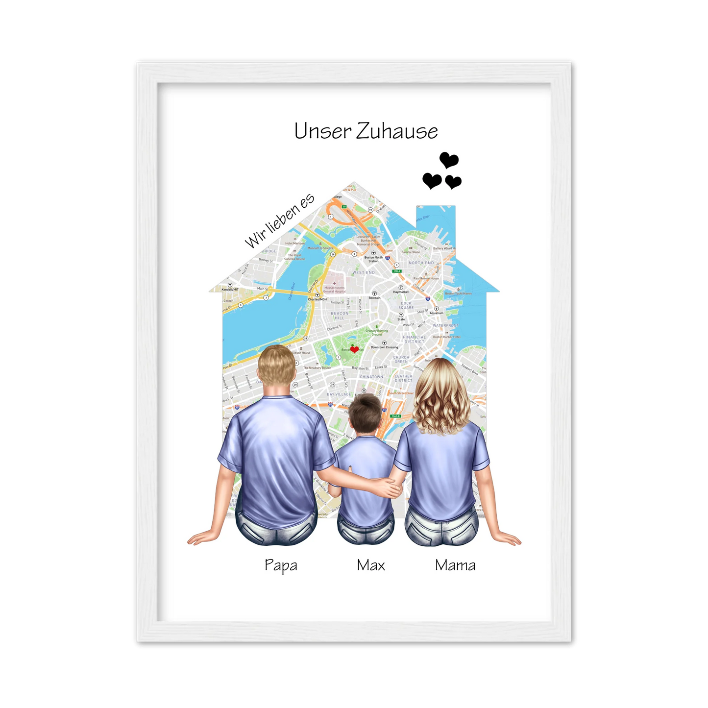 Unser Zuhause Familienbild Eltern mit 1 Kind Poster als Einzugsgeschenk in Wohnung, Haus