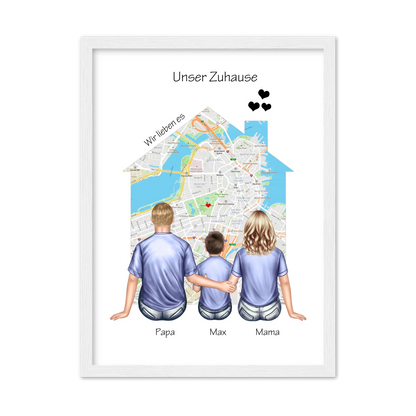 Unser Zuhause Familienbild Eltern mit 1 Kind Poster als Einzugsgeschenk in Wohnung, Haus