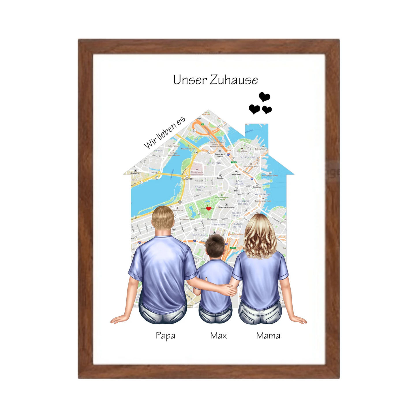 Unser Zuhause Familienbild Eltern mit 1 Kind Poster als Einzugsgeschenk in Wohnung, Haus