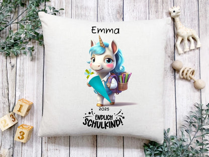 Schulkind 2024 | Einschulung Geschenk Kinder Tasse Becher Kissen Einhorn Mädchen personalisiert | Einschulungsgeschenk | Schulbeginn 1. Klasse