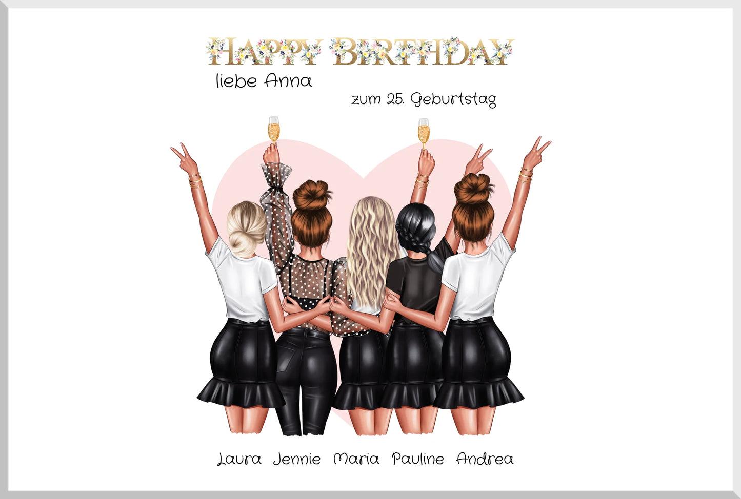Personalisiertes Geburtstag Poster Geschenk beste Freundin   | 5 Freundinnen Bild Geschenk | Glückwunsch Geschenk beste Freundin