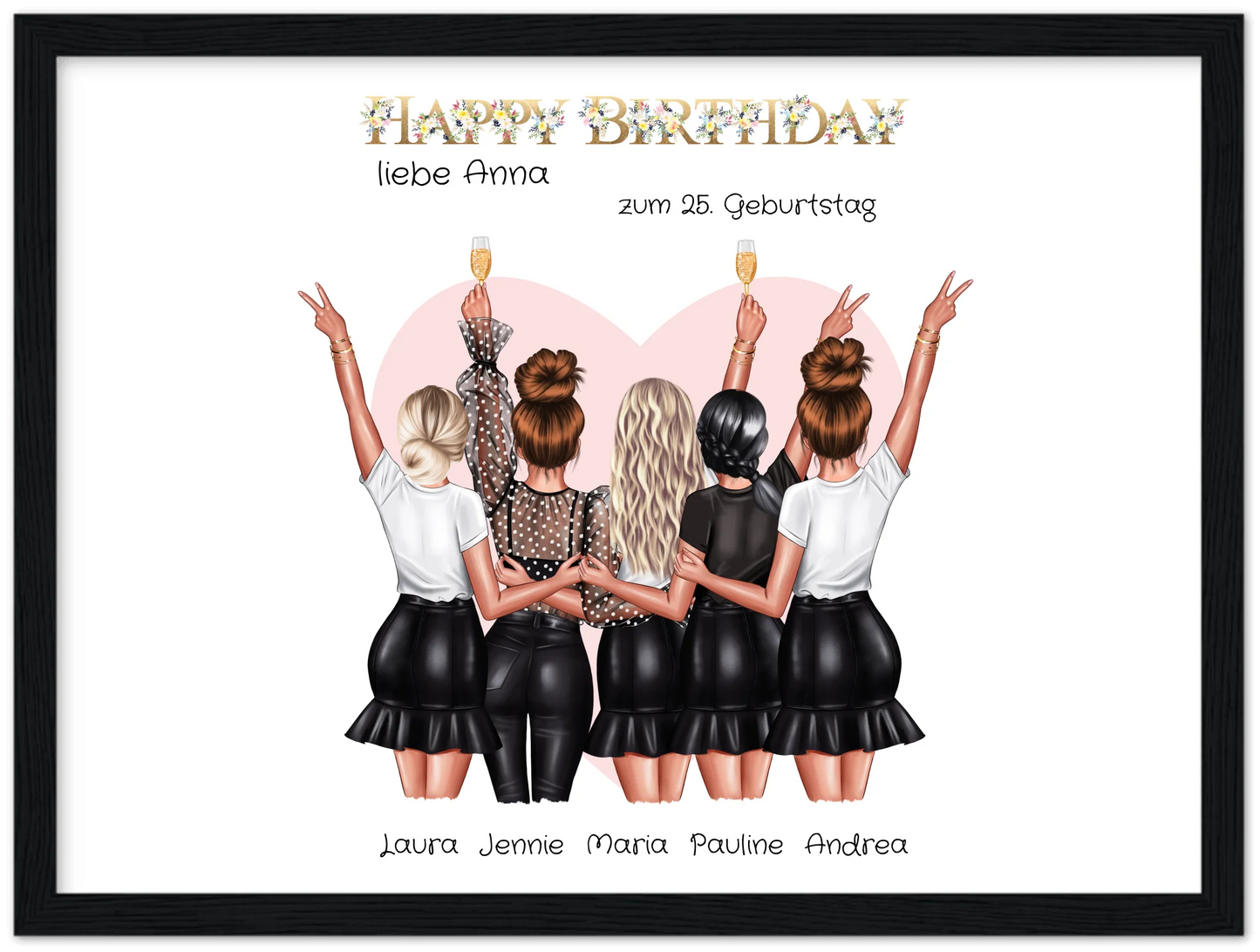 Personalisiertes Geburtstag Poster Geschenk beste Freundin   | 5 Freundinnen Bild Geschenk | Glückwunsch Geschenk beste Freundin