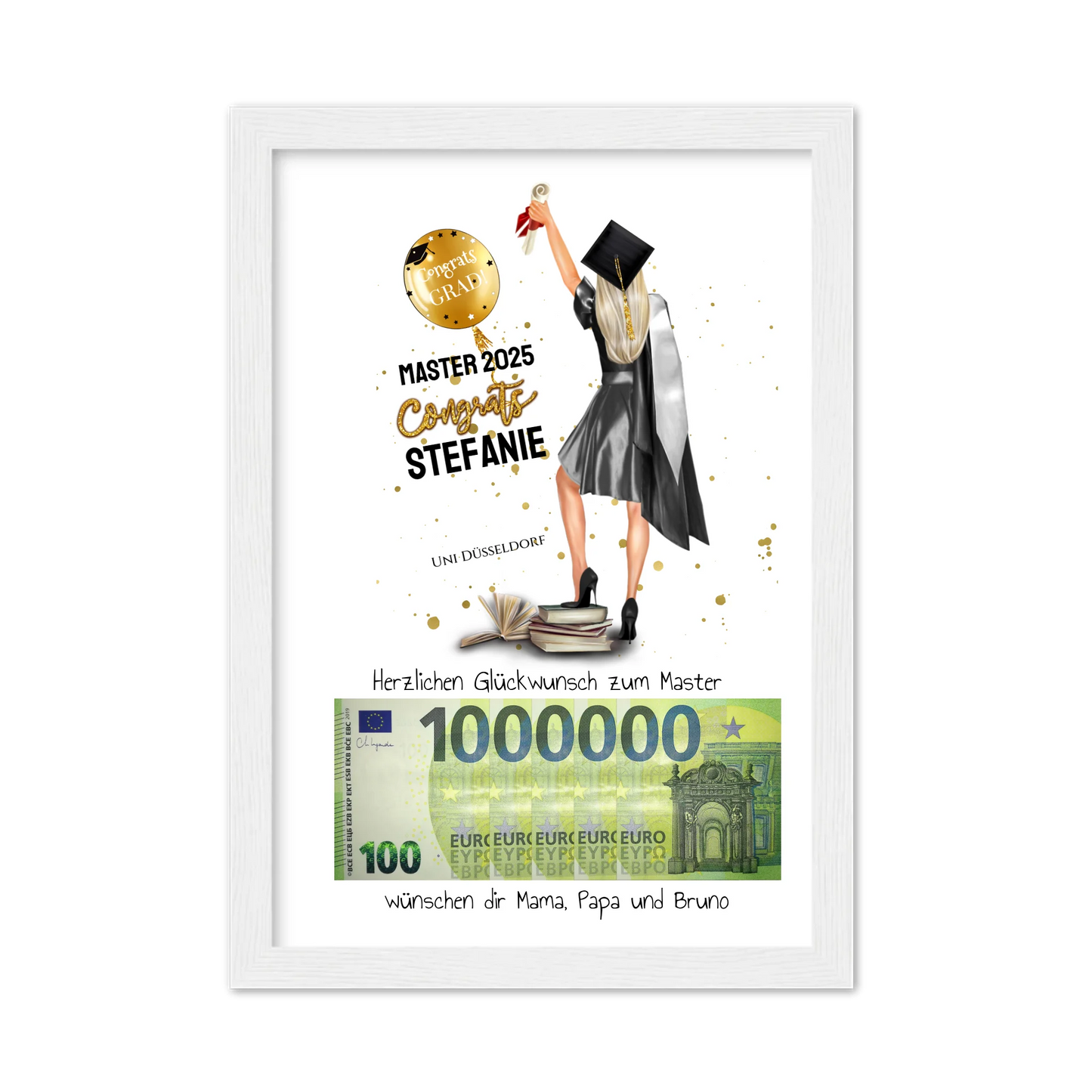 Geldgeschenk Wunscherfüller - Personalisiertes Abschlußgeschenk zum Abi, Bachelor, Master, Doktor - Frauen