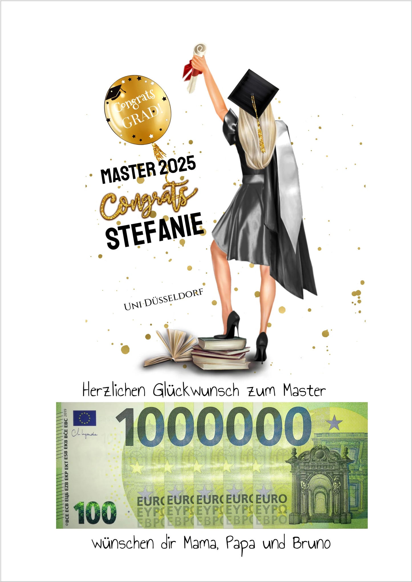 Geldgeschenk Wunscherfüller - Personalisiertes Abschlußgeschenk zum Abi, Bachelor, Master, Doktor - Frauen