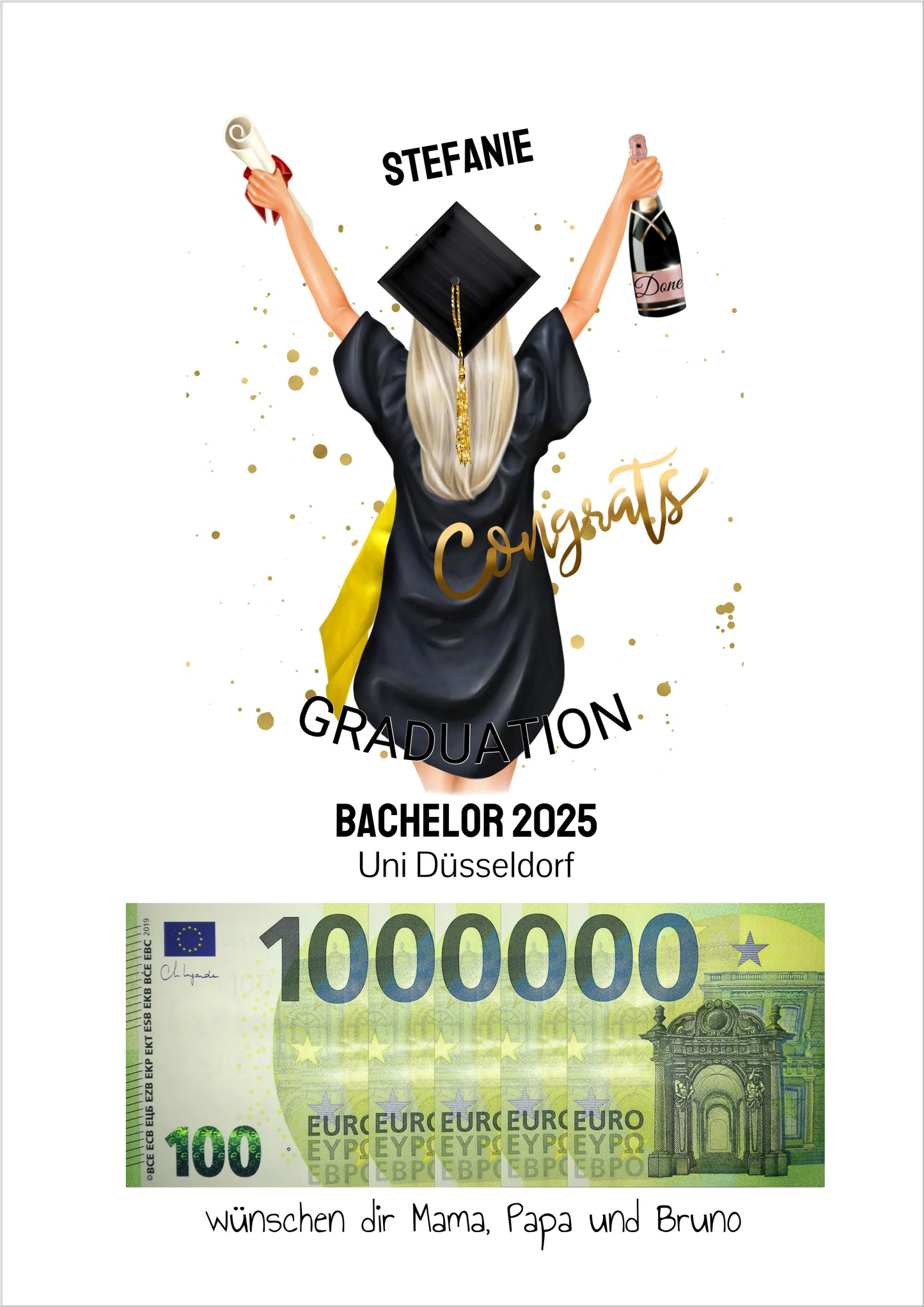 Geldgeschenk Wunscherfüller - Personalisiertes Abschlußgeschenk zum Abi, Bachelor, Master, Doktor - 1. Million - Frau