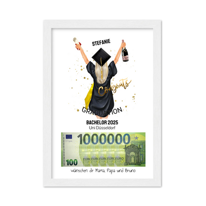 Geldgeschenk Wunscherfüller - Personalisiertes Abschlußgeschenk zum Abi, Bachelor, Master, Doktor - 1. Million - Frau