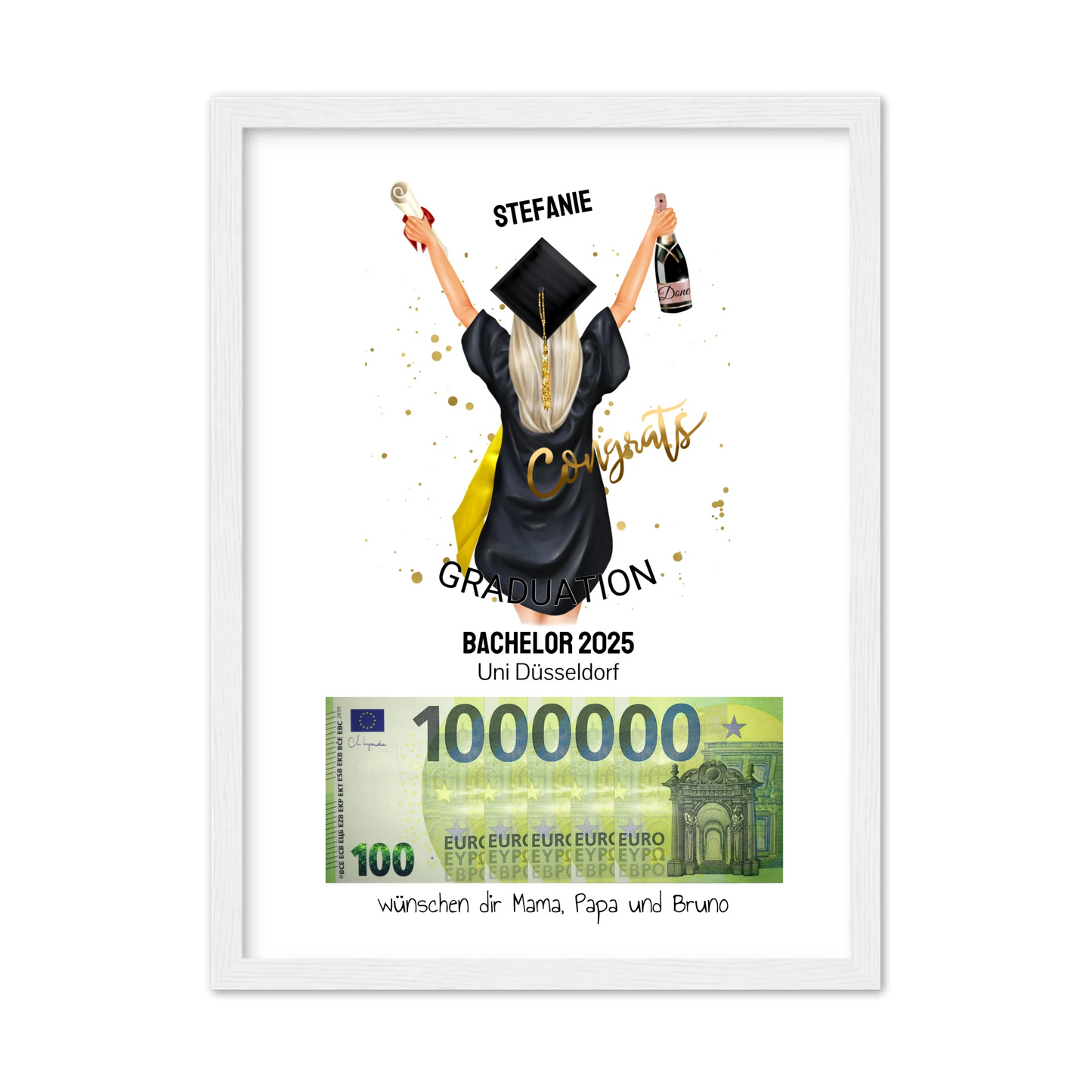 Geldgeschenk Wunscherfüller - Personalisiertes Abschlußgeschenk zum Abi, Bachelor, Master, Doktor - 1. Million - Frau