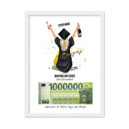 Geldgeschenk Wunscherfüller - Personalisiertes Abschlußgeschenk zum Abi, Bachelor, Master, Doktor - 1. Million - Frau
