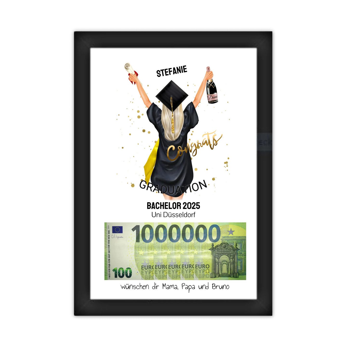Geldgeschenk Wunscherfüller - Personalisiertes Abschlußgeschenk zum Abi, Bachelor, Master, Doktor - 1. Million - Frau