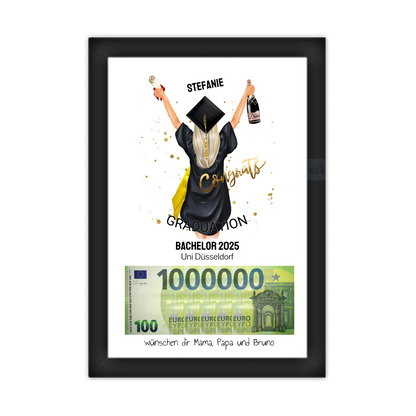 Geldgeschenk Wunscherfüller - Personalisiertes Abschlußgeschenk zum Abi, Bachelor, Master, Doktor - 1. Million - Frau