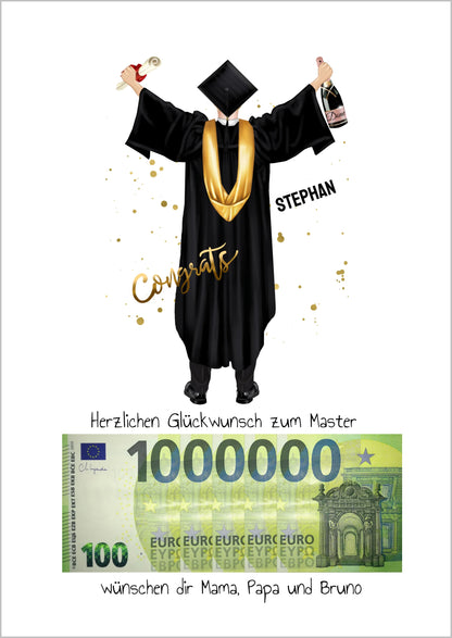 Geldgeschenk Wunscherfüller - Personalisiertes Abschlußgeschenk zum Abi, Bachelor, Master, Doktor Mann - 1. Million