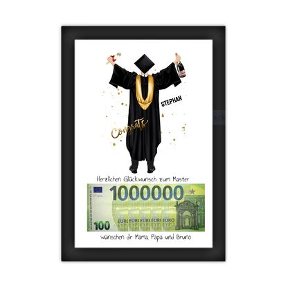 Geldgeschenk Wunscherfüller - Personalisiertes Abschlußgeschenk zum Abi, Bachelor, Master, Doktor Mann - 1. Million