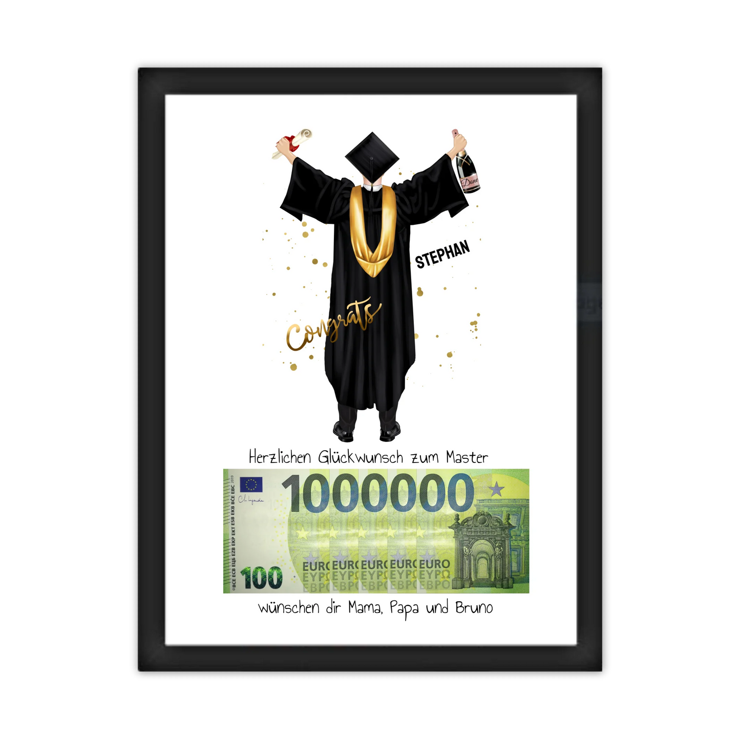 Geldgeschenk Wunscherfüller - Personalisiertes Abschlußgeschenk zum Abi, Bachelor, Master, Doktor Mann - 1. Million