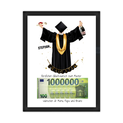 Geldgeschenk Wunscherfüller - Personalisiertes Abschlußgeschenk zum Abi, Bachelor, Master, Doktor Mann - 1. Million für Mann