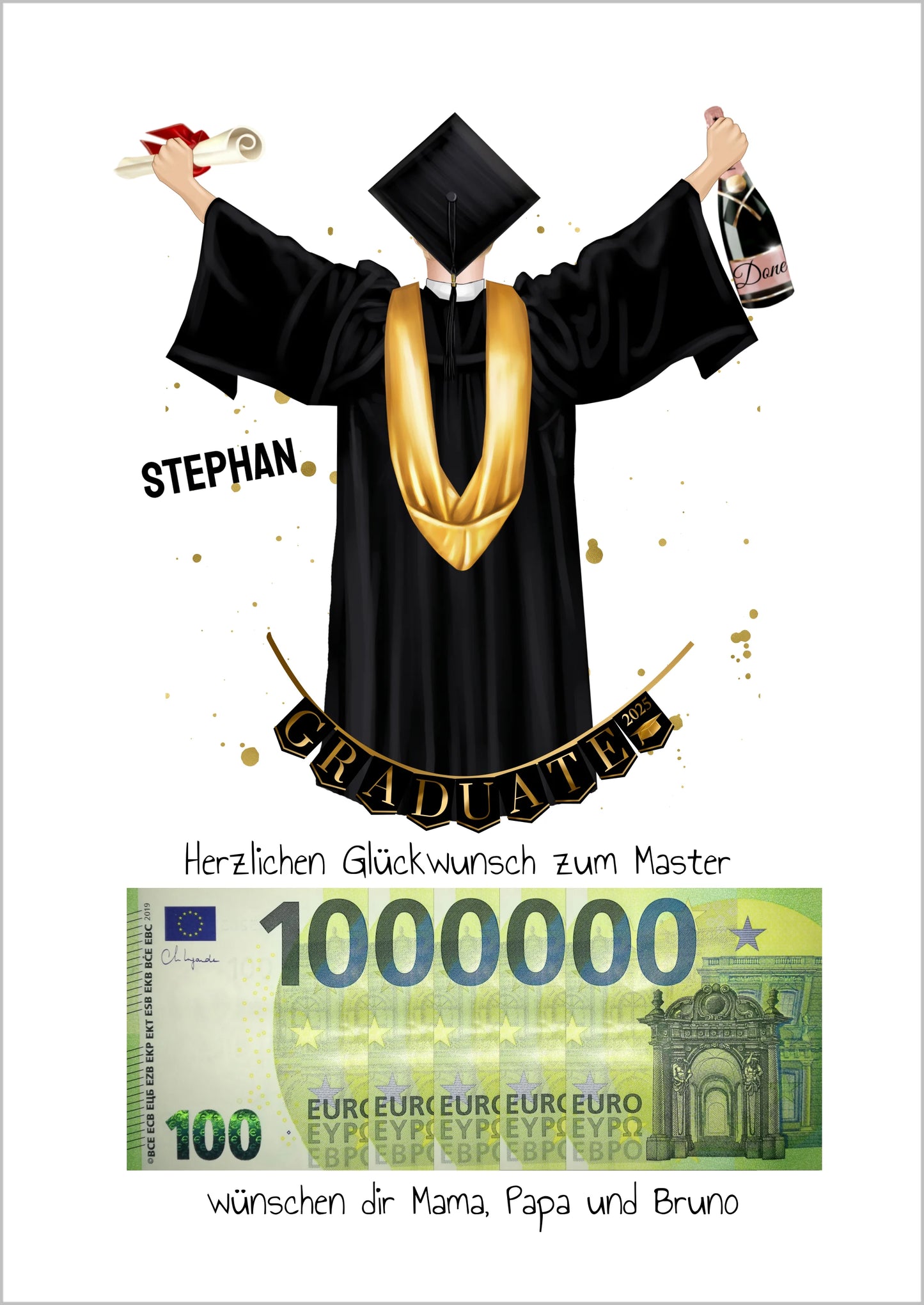 Geldgeschenk Wunscherfüller - Personalisiertes Abschlußgeschenk zum Abi, Bachelor, Master, Doktor Mann - 1. Million für Mann