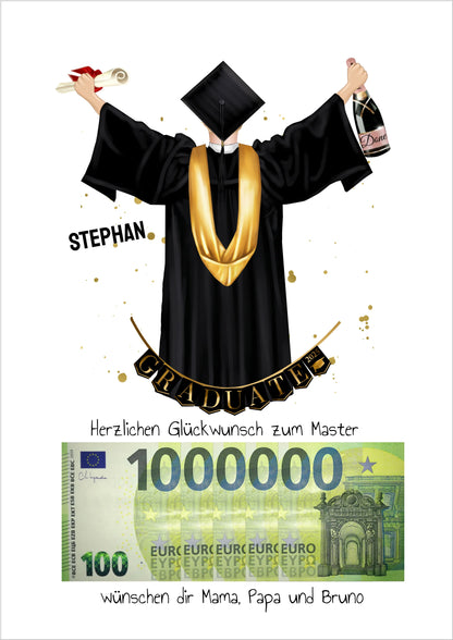 Geldgeschenk Wunscherfüller - Personalisiertes Abschlußgeschenk zum Abi, Bachelor, Master, Doktor Mann - 1. Million für Mann