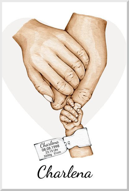 Geburtsanzeige Baby mit Namen und Datum | Personalisiertes Geschenk zur Geburt | Taufgeschenk | Geschenk Geburt mit Hände Motiv