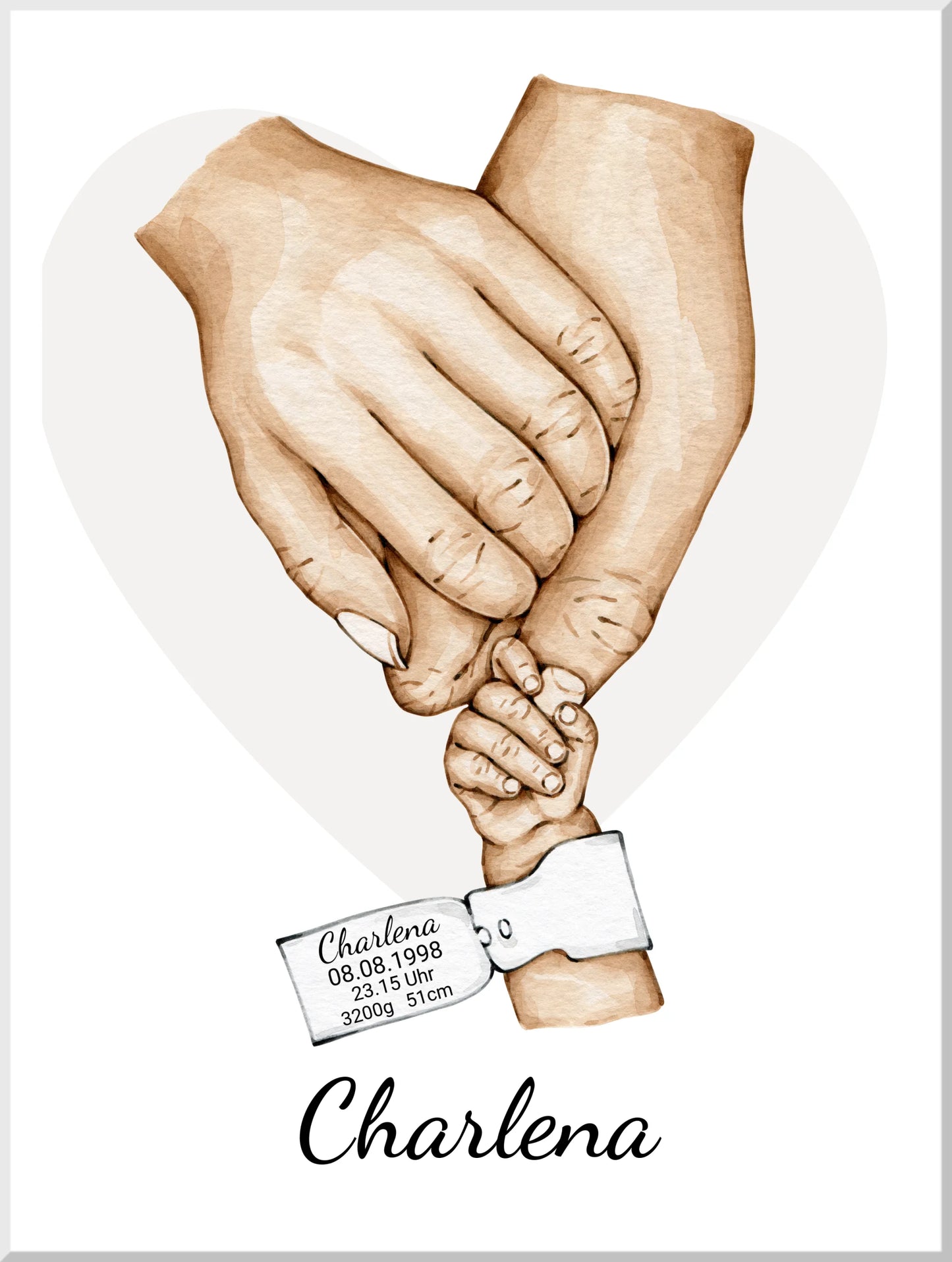 Geburtsanzeige Baby mit Namen und Datum | Personalisiertes Geschenk zur Geburt | Taufgeschenk | Geschenk Geburt mit Hände Motiv