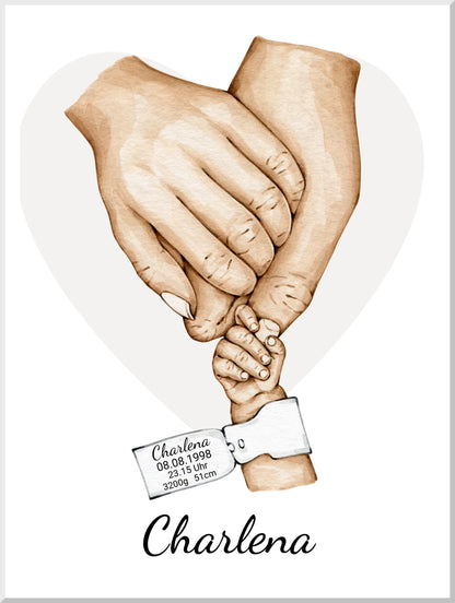 Geburtsanzeige Baby mit Namen und Datum | Personalisiertes Geschenk zur Geburt | Taufgeschenk | Geschenk Geburt mit Hände Motiv