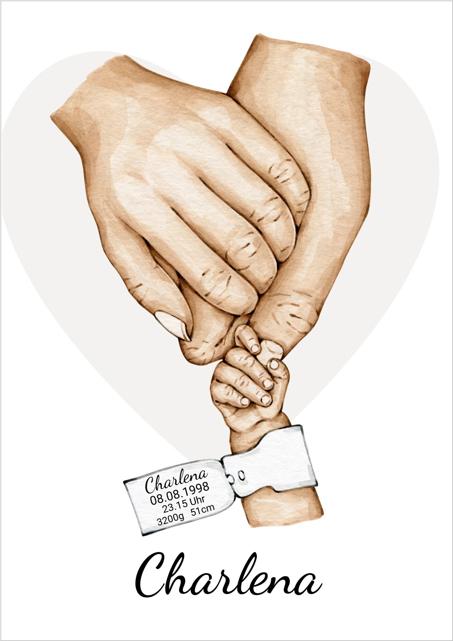 Geburtsanzeige Baby mit Namen und Datum | Personalisiertes Geschenk zur Geburt | Taufgeschenk | Geschenk Geburt mit Hände Motiv