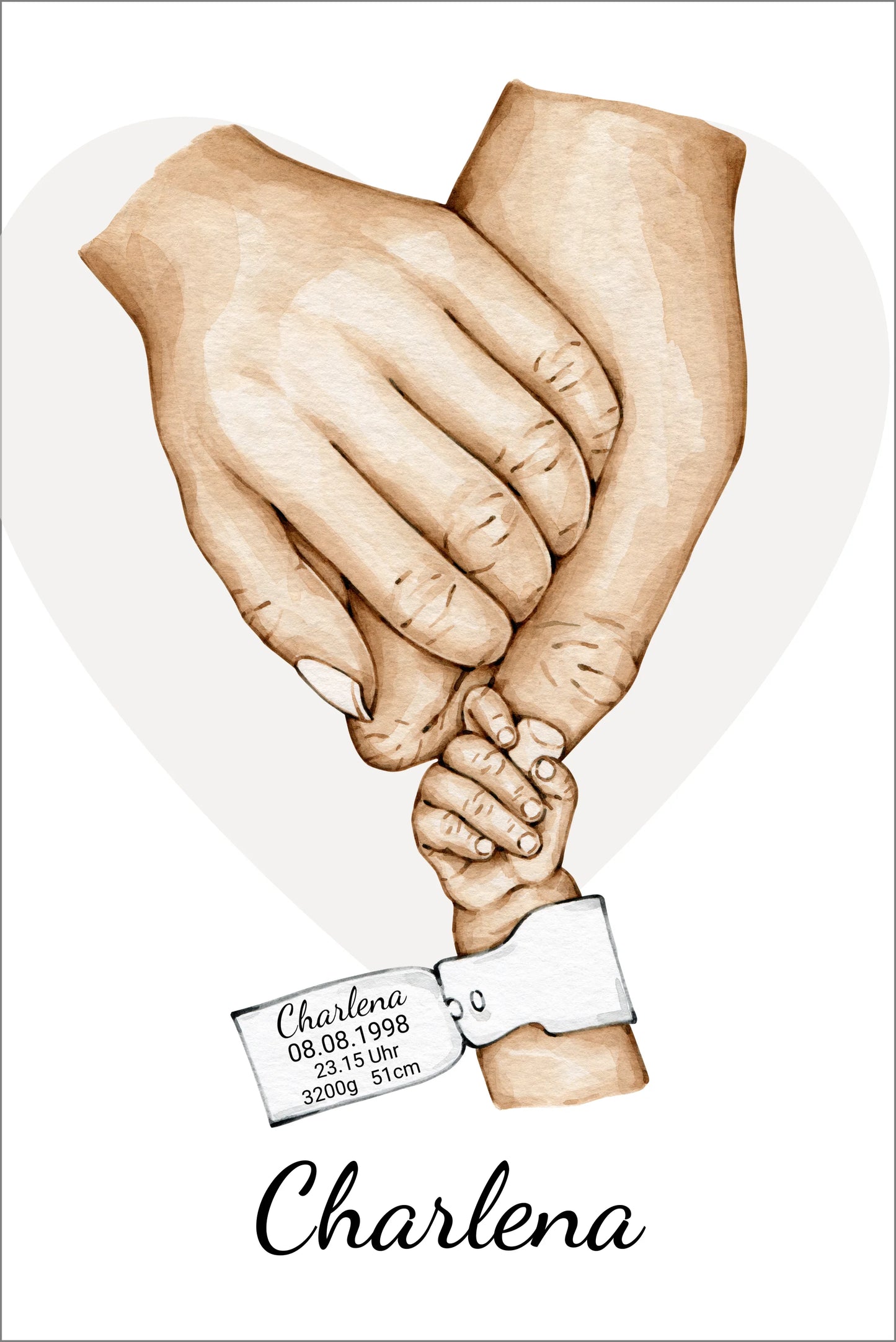 Geburtsanzeige Baby mit Namen und Datum | Personalisiertes Geschenk zur Geburt | Taufgeschenk | Geschenk Geburt mit Hände Motiv