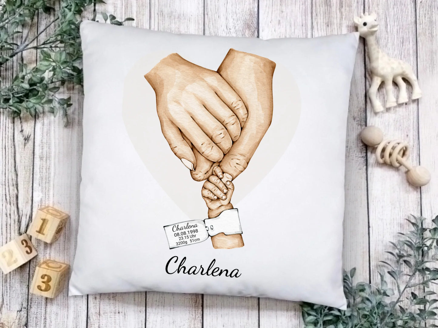 Geburtsgeschenk & Taufgeschenk Babygeschenk Kissen personalisiert zur Geburt & Taufe mit Namen und Geburtsdaten | Hände Motiv