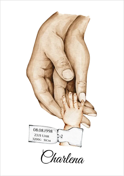Poster Familie mit  Baby Namen und Datum | Personalisiertes Familiengeschenk als Familienposter Geschenk Geburt | Taufgeschenk mit Hände Motiv