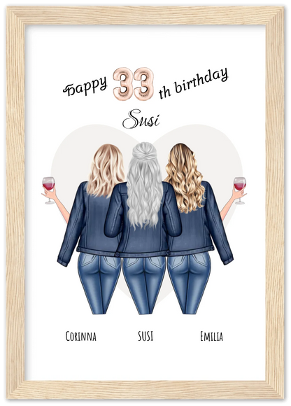 3 Beste Freundinnen Poster gerahmt - Beste Freundin Bild Geschenk Geburtstag - Geburtstagsgeschenk - Ostergeschenk - Geschenk Schwester