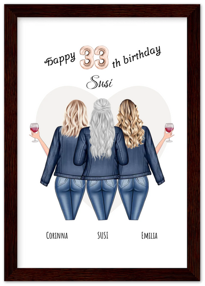 3 Beste Freundinnen Poster gerahmt - Beste Freundin Bild Geschenk Geburtstag - Geburtstagsgeschenk - Ostergeschenk - Geschenk Schwester