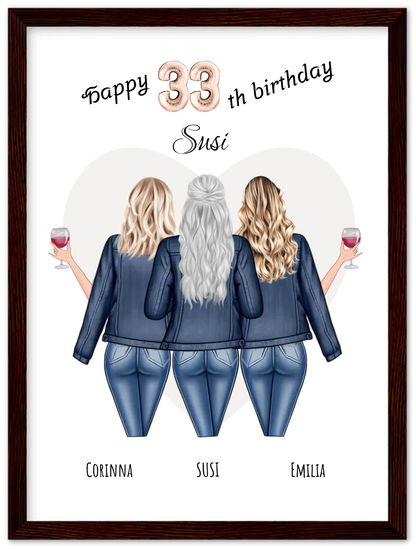 3 Beste Freundinnen Poster gerahmt - Beste Freundin Bild Geschenk Geburtstag - Geburtstagsgeschenk - Ostergeschenk - Geschenk Schwester
