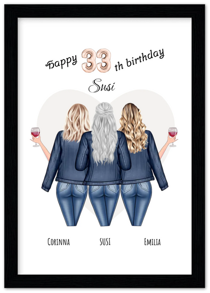 3 Beste Freundinnen Poster gerahmt - Beste Freundin Bild Geschenk Geburtstag - Geburtstagsgeschenk - Ostergeschenk - Geschenk Schwester