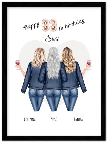 3 Beste Freundinnen Poster gerahmt - Beste Freundin Bild Geschenk Geburtstag - Geburtstagsgeschenk - Ostergeschenk - Geschenk Schwester