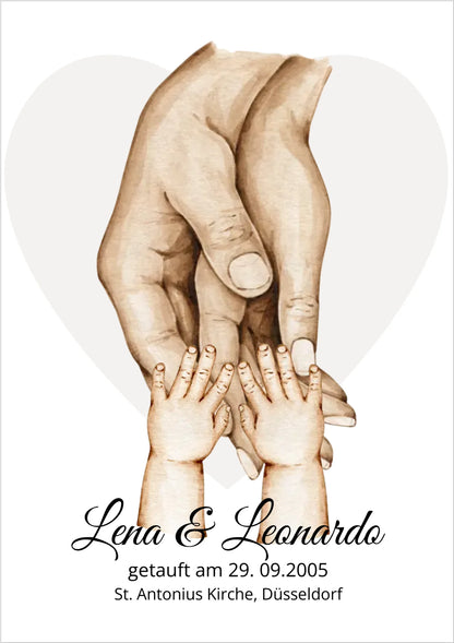 Personalisiertes Geschenk zur Taufer Hände | Bild Familie | Familienname | Namen Eltern | Kindername | personalisiertes Taufgeschenk