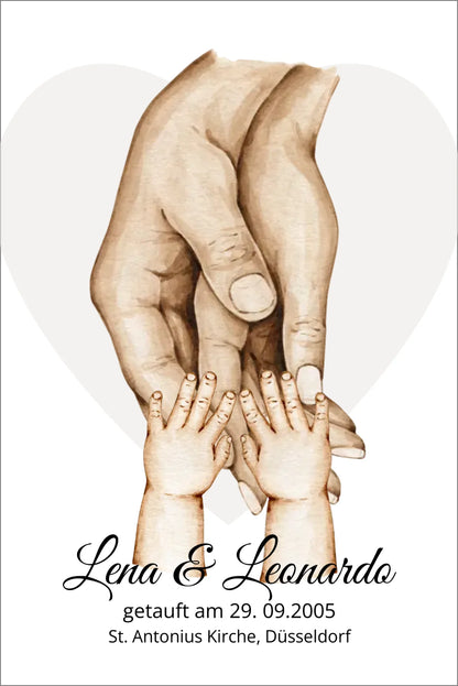 Personalisiertes Geschenk zur Taufer Hände | Bild Familie | Familienname | Namen Eltern | Kindername | personalisiertes Taufgeschenk