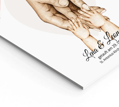 Personalisiertes Geschenk zur Taufer Hände | Bild Familie | Familienname | Namen Eltern | Kindername | personalisiertes Taufgeschenk