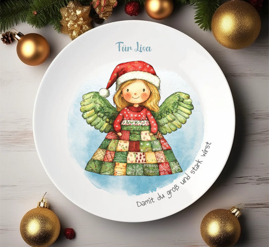 Personalisierter Weihnachtsteller / Nikolausteller mit Schutzengel & Namen, Geschenk für Kinder Mädchen