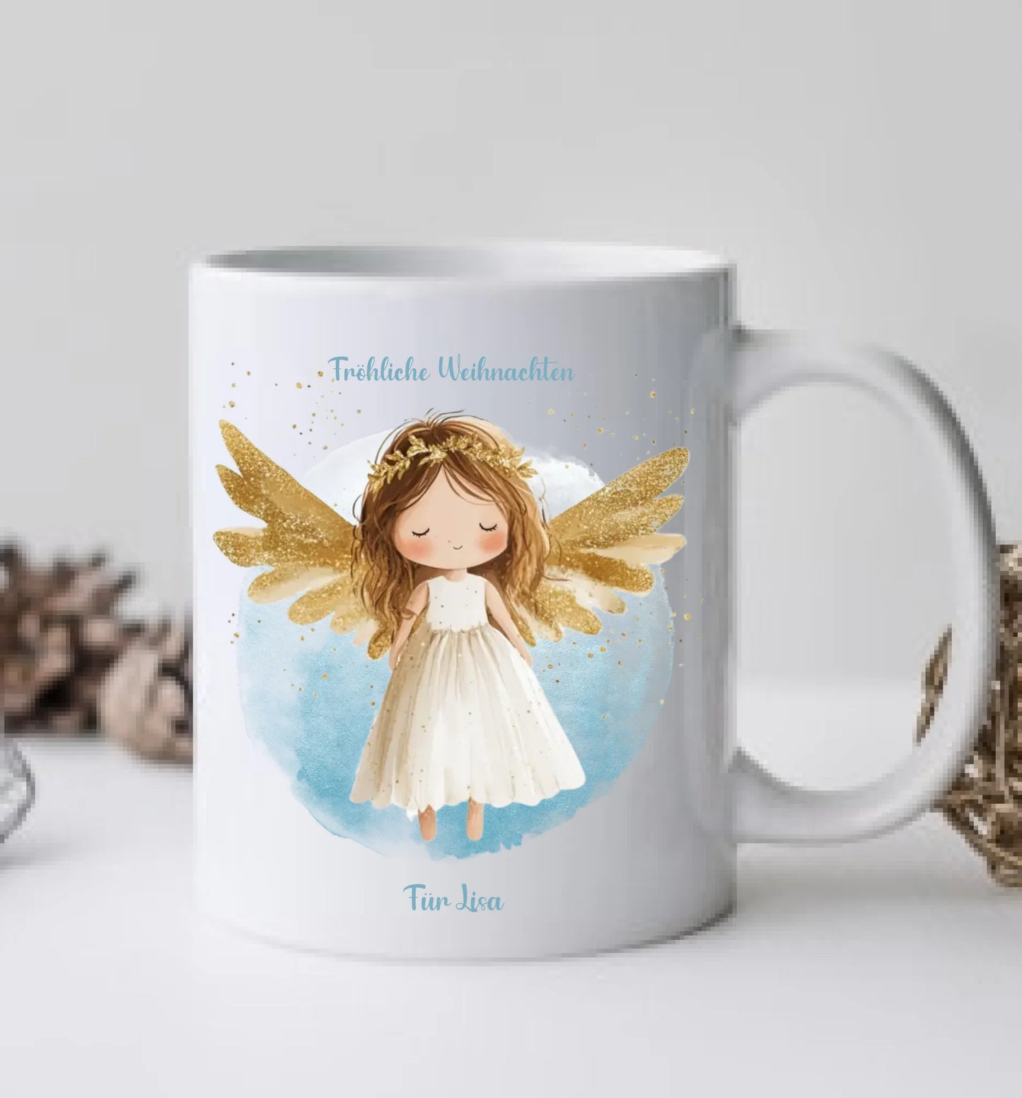 "Weihnachtsengel" Tasse - Personalisierte Tasse mit Schutzengel und Namen für Kinder
