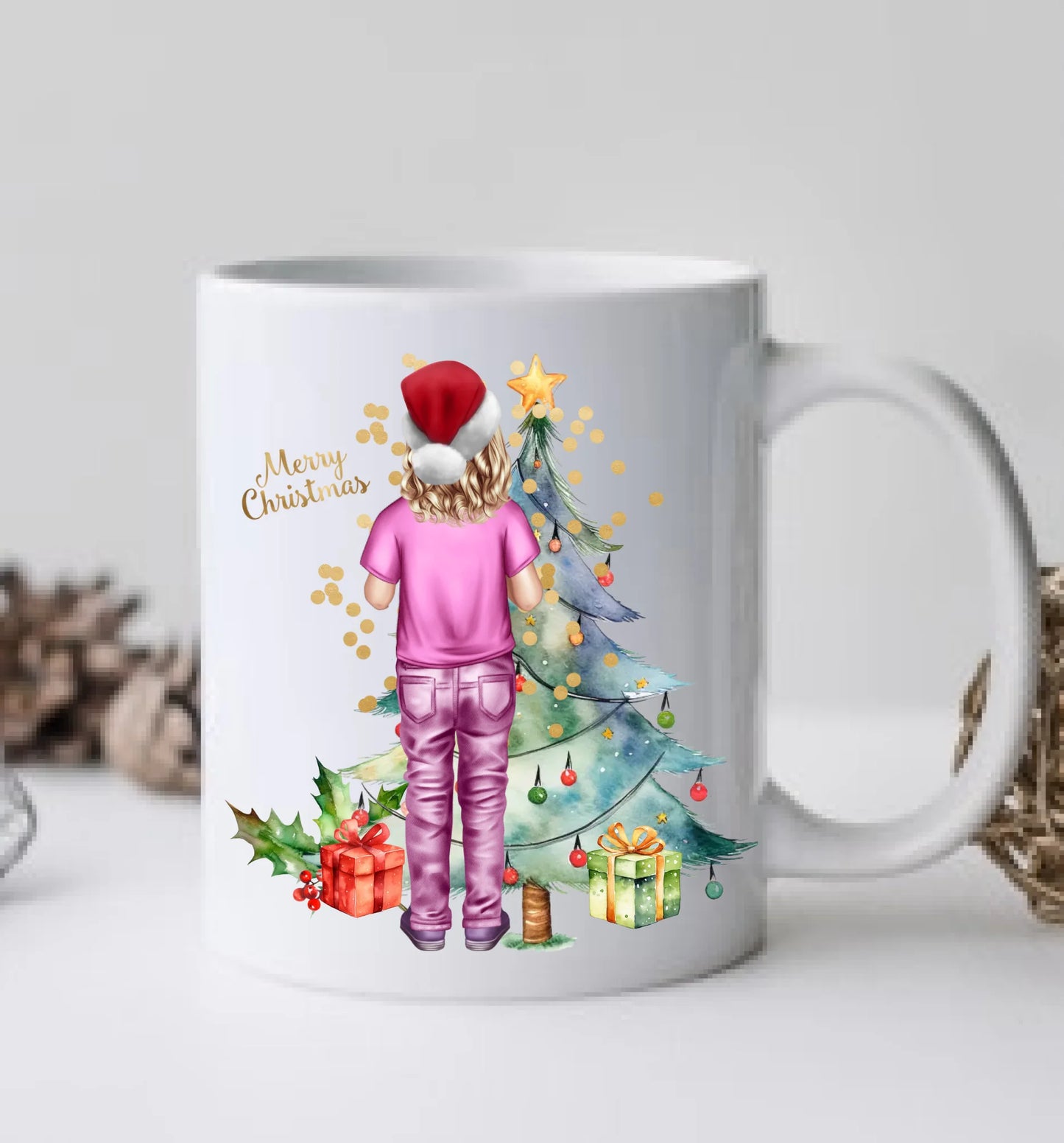 Personalisiertes Kinder Weihnachtsgeschenk Tasse / Teller Junge, Mädchen mit Name und Outfit