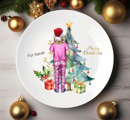 Personalisiertes Kinder Weihnachtsgeschenk Tasse / Teller Junge, Mädchen mit Name und Outfit