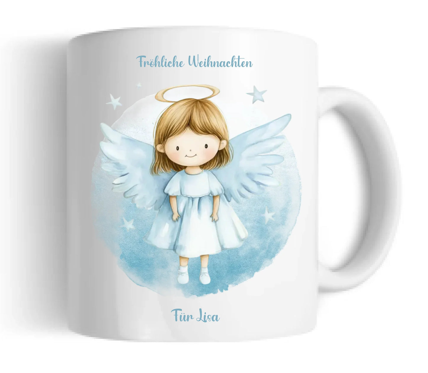 "Weihnachtsengel" Tasse - Personalisierte Tasse mit Schutzengel und Namen für Kinder blau