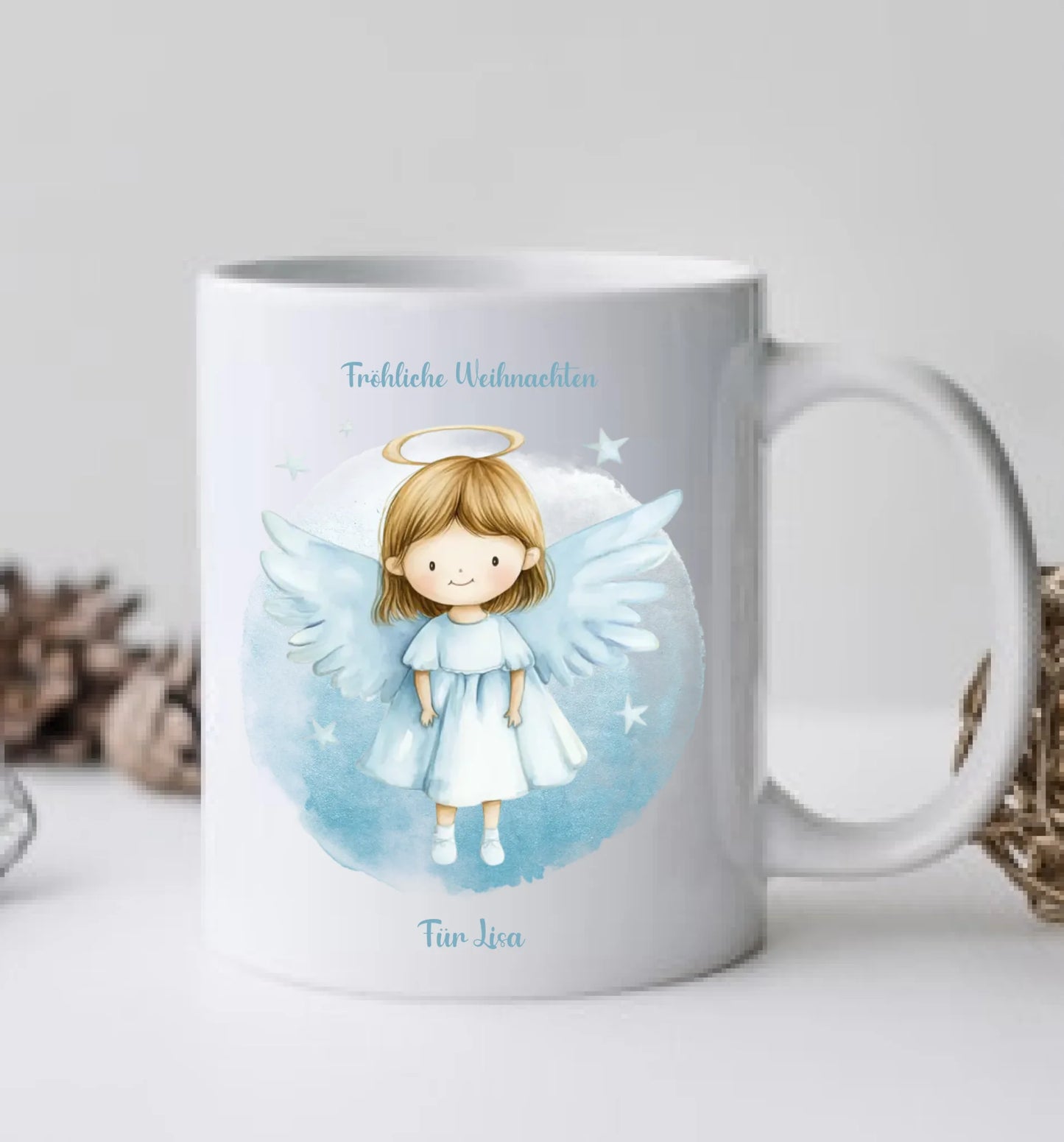 "Weihnachtsengel" Tasse - Personalisierte Tasse mit Schutzengel und Namen für Kinder blau
