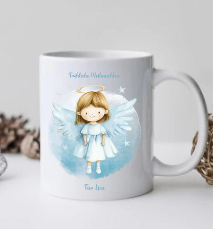 "Weihnachtsengel" Tasse - Personalisierte Tasse mit Schutzengel und Namen für Kinder blau