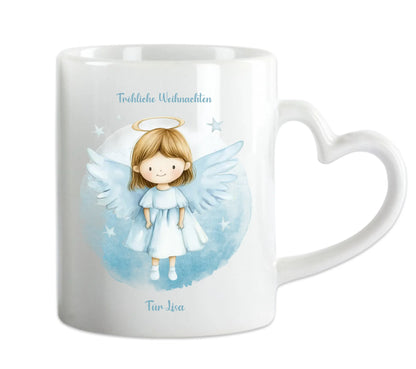 "Weihnachtsengel" Tasse - Personalisierte Tasse mit Schutzengel und Namen für Kinder blau