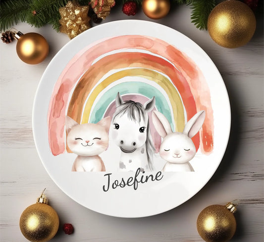 Kinderteller Regenbogen mit Namen & Farmtieren personalisiert, Kindergeschirr Geschenk zur Taufe, Geburt, Geburtstag und Weihnachten 2