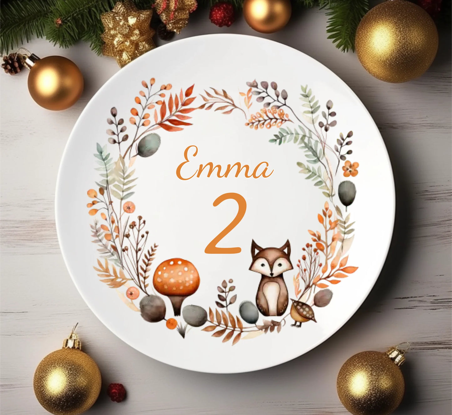 Personalisierter Kinderteller Kranz mit Fuchs Kindergeschirr Teller 1. Geburtstag, Geburtstagsgeschenk, Geschenk Einschulung