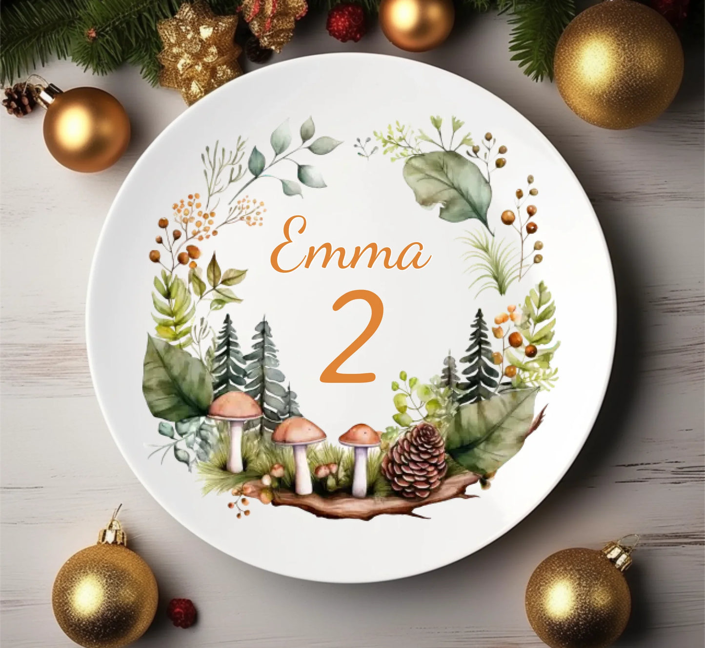 Personalisierter Kinderteller mit Namen, Pflanzen und Waldpilzen Kindergeschirr Teller 1. Geburtstag, Geburtstagsgeschenk, Geschenk Einschulung